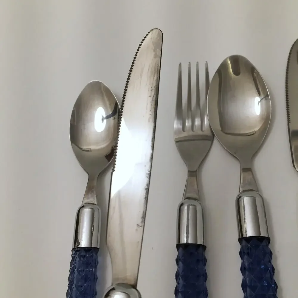 Lot of 10 Lucite Acrylic Plastic Handle Flatware Blue Faceted Diamond